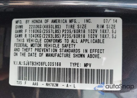 2015 Acura Rdx из США, поврежденный, VIN 5J8TB3H36FL005168